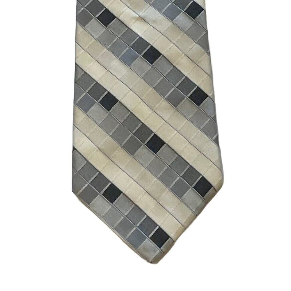Murano Italy Gray, Ivory, Geometric Print Silk Tie, Y2K, 59.5 by 3.5